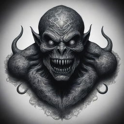 A terrifying boogeyman monster depicted in a tattoo style, filled with complex, intricate designs and ominous shadows.