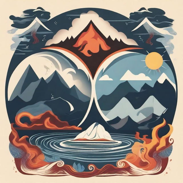 An illustration depicting the four elements: Earth, Water, Fire, and Air