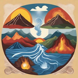 An illustration depicting the four elements: Earth, Water, Fire, and Air