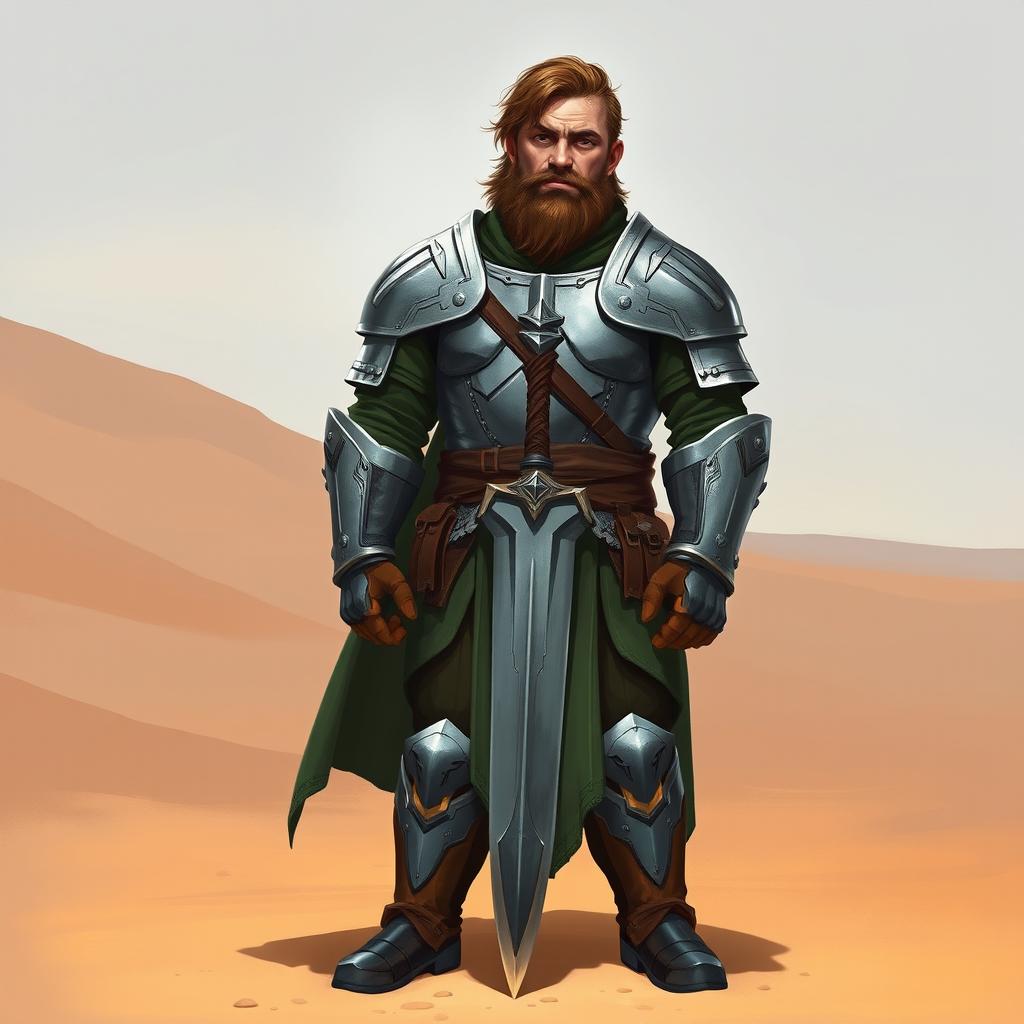 A Pathfinder style artwork featuring a tall, kind-looking human in his mid-20s with short wavy hair and a scraggly beard