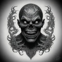 A terrifying boogeyman monster depicted in a tattoo style, filled with complex, intricate designs and ominous shadows.