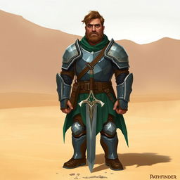 A Pathfinder style artwork featuring a tall, kind-looking human in his mid-20s with short wavy hair and a scraggly beard