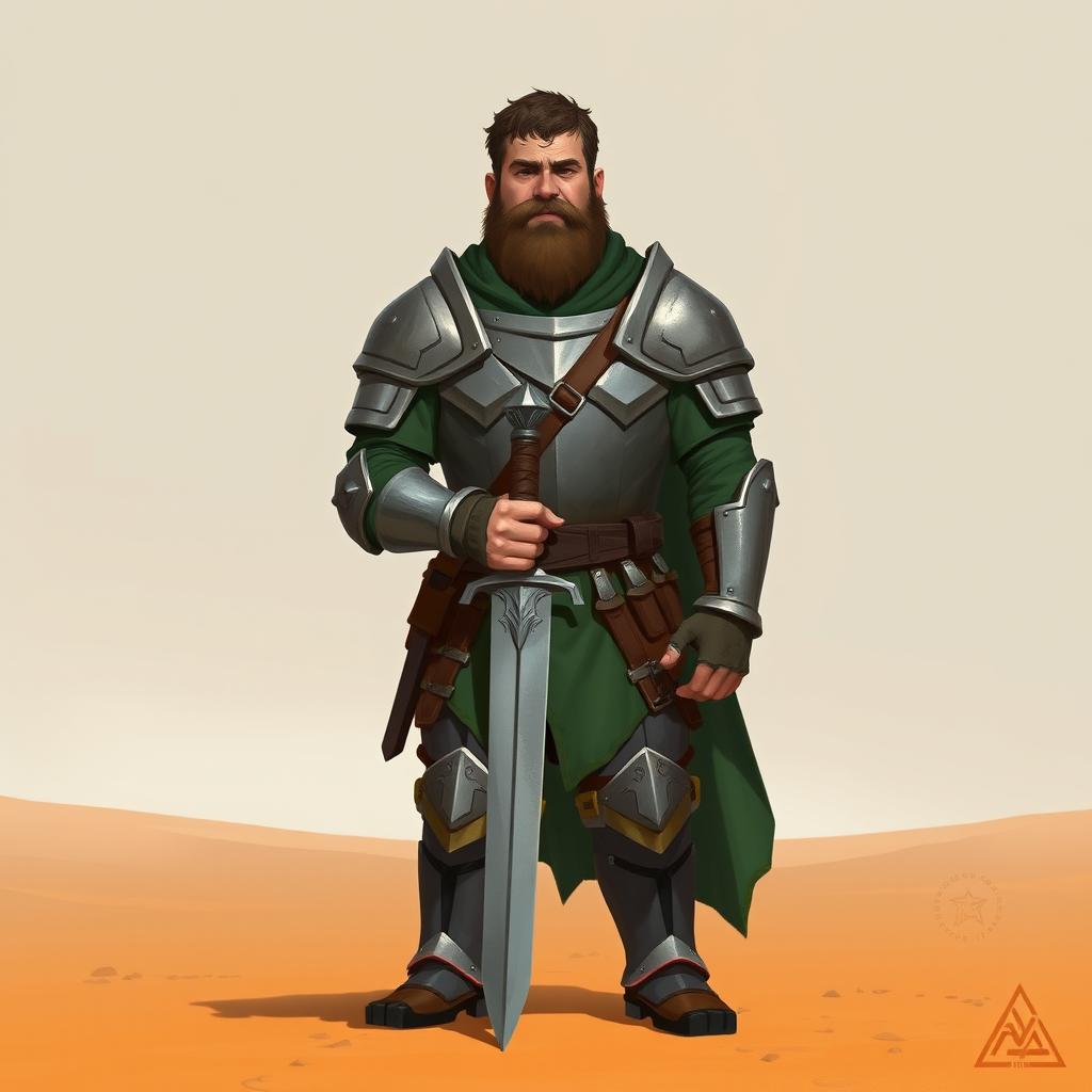 A Pathfinder style artwork featuring a tall, kind-looking human in his mid-20s with short curly hair and a frazzled beard