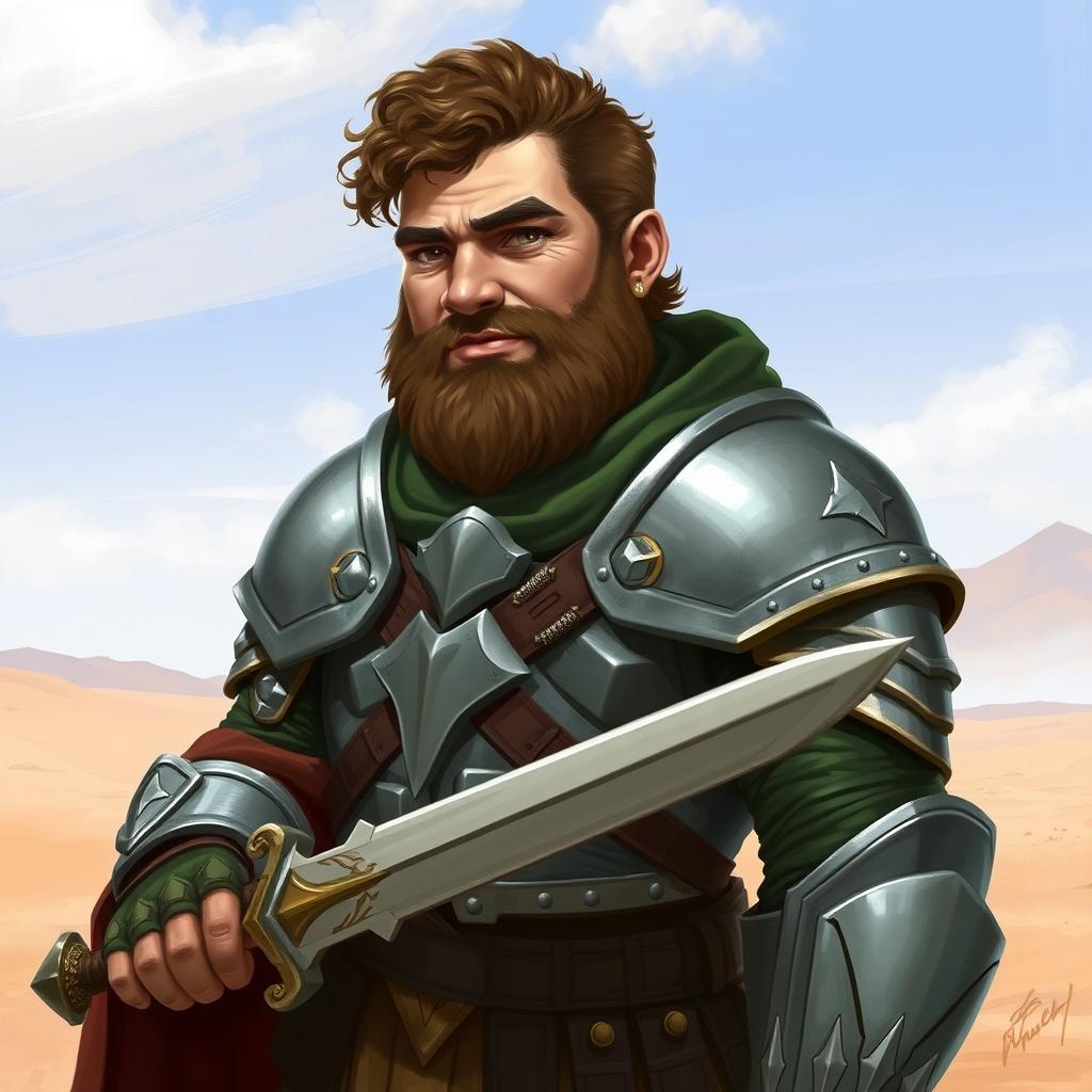 A Pathfinder style artwork featuring a tall, kind-looking human in his mid-20s with short curly hair and a frazzled beard