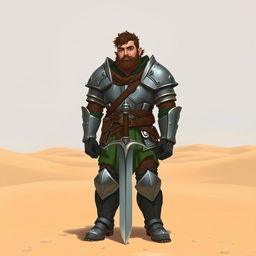 A Pathfinder style artwork featuring a tall, kind-looking human in his mid-20s with short curly hair and a frazzled beard