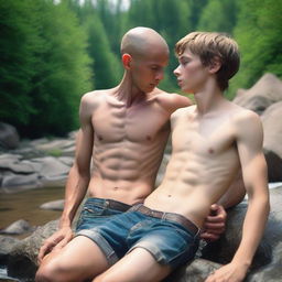 A smooth, hairless, skinny 17-year-old son, laying on a rock by a mountain stream, shirtless and wearing ripped jean shorts