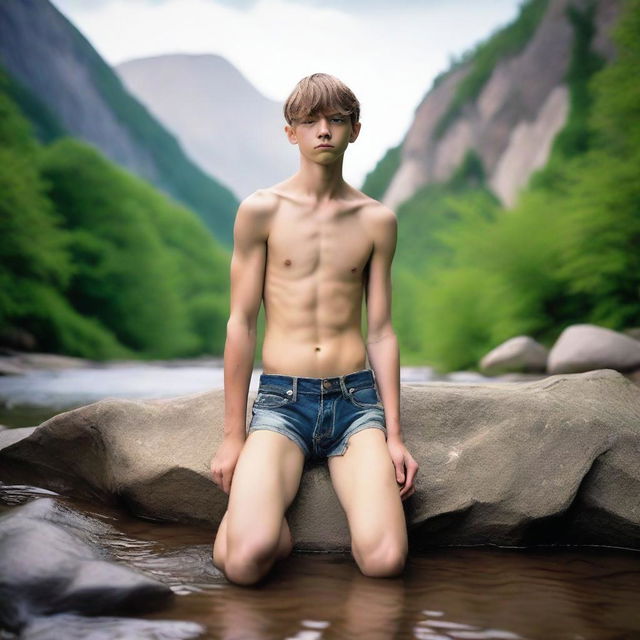 A smooth, hairless, skinny 17-year-old son, laying on a rock by a mountain stream, shirtless and wearing ripped jean shorts