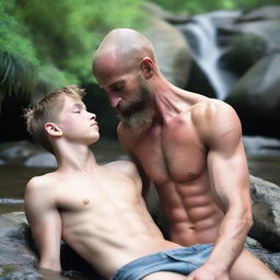 A smooth, hairless, skinny 17-year-old son, laying on a rock by a mountain stream, shirtless and wearing ripped jean shorts