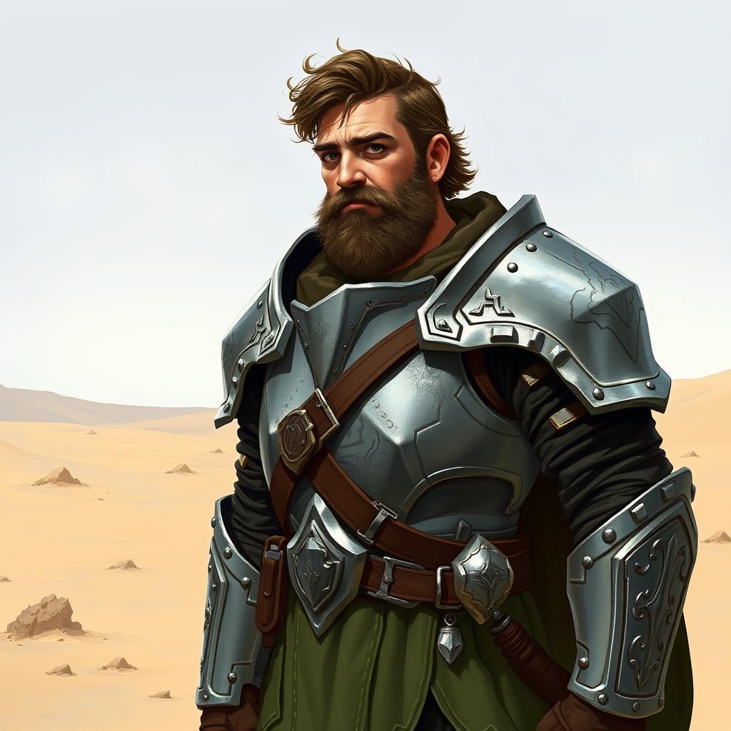 A Pathfinder style artwork featuring a tall, kind-looking human in his mid-20s with short curly hair and a frazzled beard