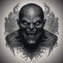 A terrifying boogeyman monster depicted in a tattoo style, filled with complex, intricate designs and ominous shadows.