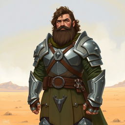 A Pathfinder style artwork featuring a tall, kind-looking human in his mid-20s with short curly hair and a frazzled beard