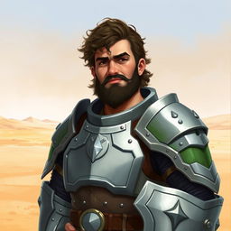 A Pathfinder style artwork featuring a tall, kind-looking human in his mid-20s with short curly hair and a frazzled beard