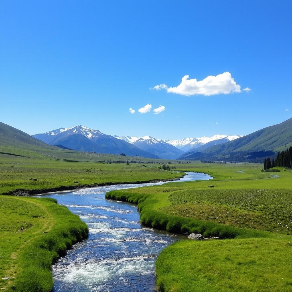 A serene landscape featuring a clear blue sky, lush green meadows, and a sparkling river flowing through the middle