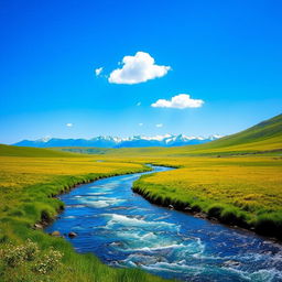 A serene landscape featuring a clear blue sky, lush green meadows, and a sparkling river flowing through the middle