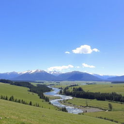 A serene landscape featuring a clear blue sky, lush green meadows, and a sparkling river flowing through the middle