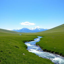 A serene landscape featuring a clear blue sky, lush green meadows, and a sparkling river flowing through the middle