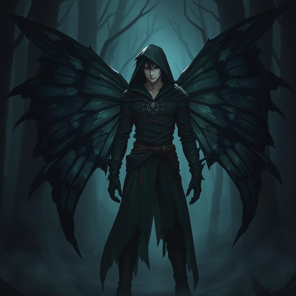 A male rogue character with torn black butterfly wings, fully clothed in dark, stealthy attire