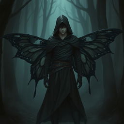 A male rogue character with torn black butterfly wings, fully clothed in dark, stealthy attire