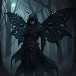 A male rogue character with torn black butterfly wings, fully clothed in dark, stealthy attire