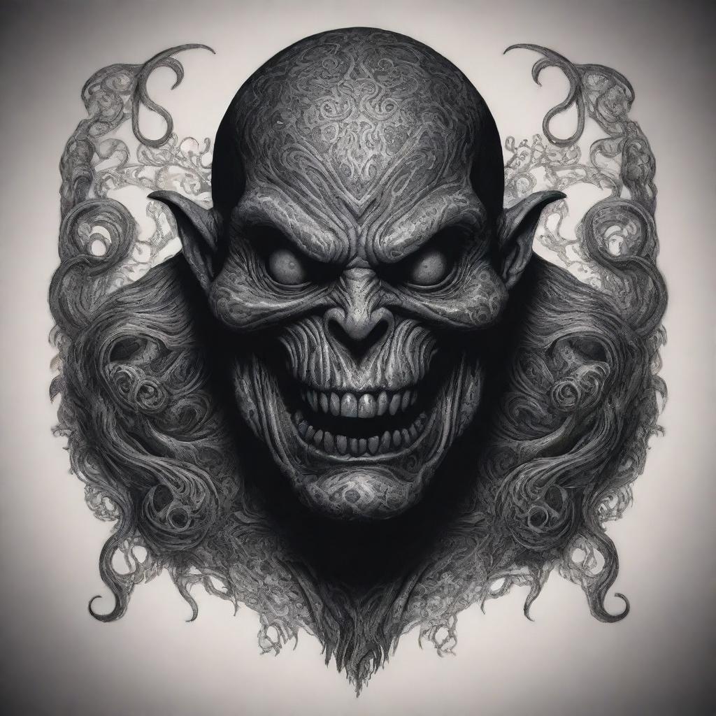 A terrifying boogeyman monster depicted in a tattoo style, filled with complex, intricate designs and ominous shadows.