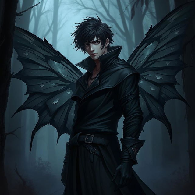 A male rogue character with torn black butterfly wings, fully clothed in dark, stealthy attire