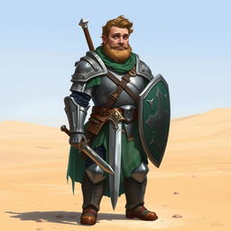 A Pathfinder style artwork featuring a tall, kind-looking human in his mid-20s with short, curly, slightly longer hair and a frazzled beard