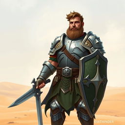 A Pathfinder style artwork featuring a tall, kind-looking human in his mid-20s with short, curly, slightly longer hair and a frazzled beard