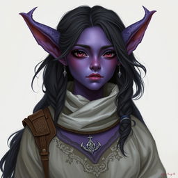 A gentle looking tiefling maiden with purple skin and dark eyes that seem to hold complete innocence, in billowy traveler's attire adorned with silver embroidery