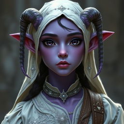 A gentle looking tiefling maiden with purple skin and dark eyes that seem to hold complete innocence, in billowy traveler's attire adorned with silver embroidery