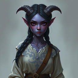 A gentle looking tiefling maiden with purple skin and dark eyes that seem to hold complete innocence, in billowy traveler's attire adorned with silver embroidery