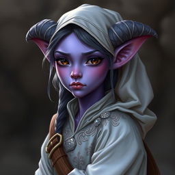 A gentle looking tiefling maiden with purple skin and dark eyes that seem to hold complete innocence, in billowy traveler's attire adorned with silver embroidery