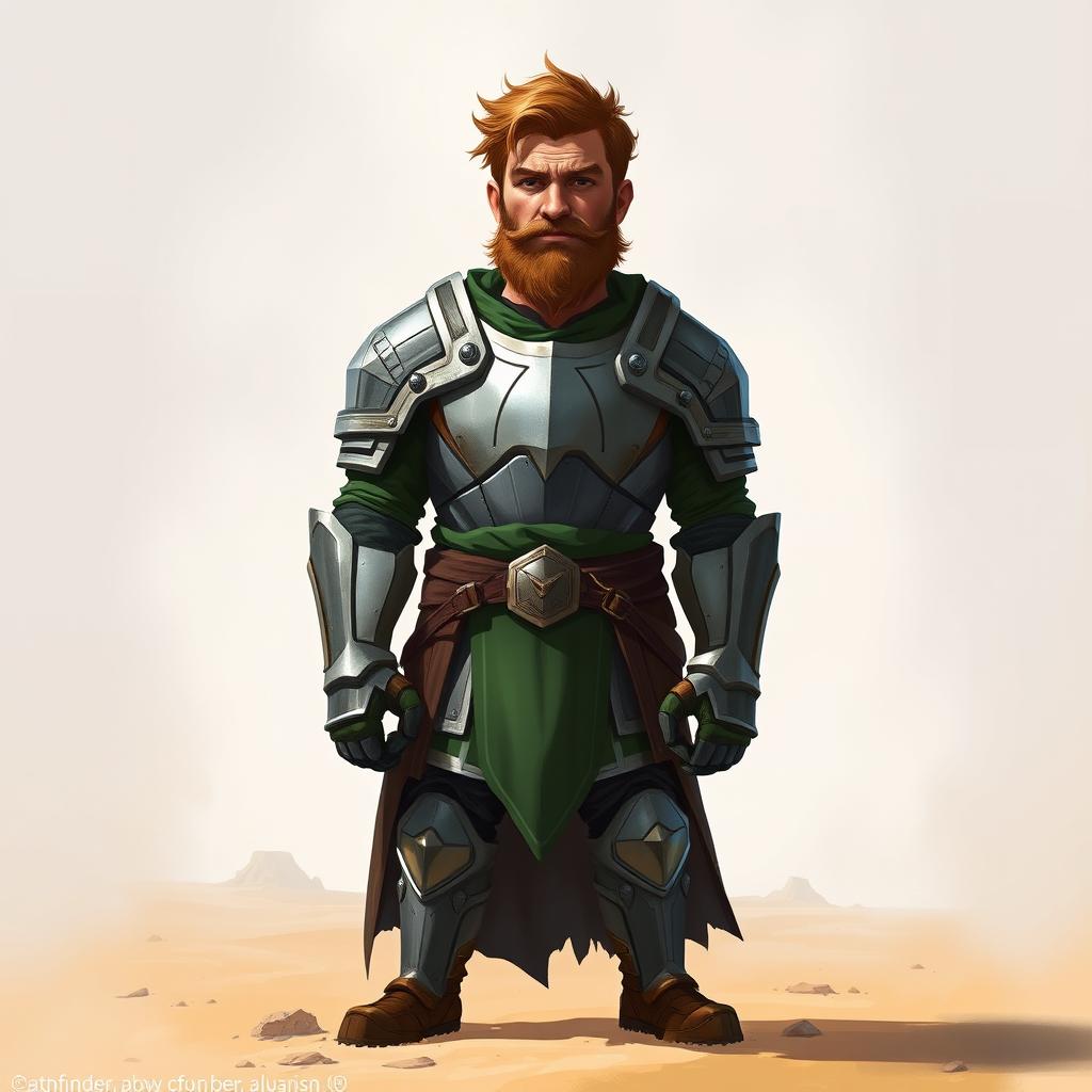 A Pathfinder style artwork featuring a tall, kind-looking human in his mid-20s with short, curly, slightly longer light brown hair and a frazzled beard