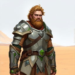 A Pathfinder style artwork featuring a tall, kind-looking human in his mid-20s with short, curly, slightly longer light brown hair and a frazzled beard