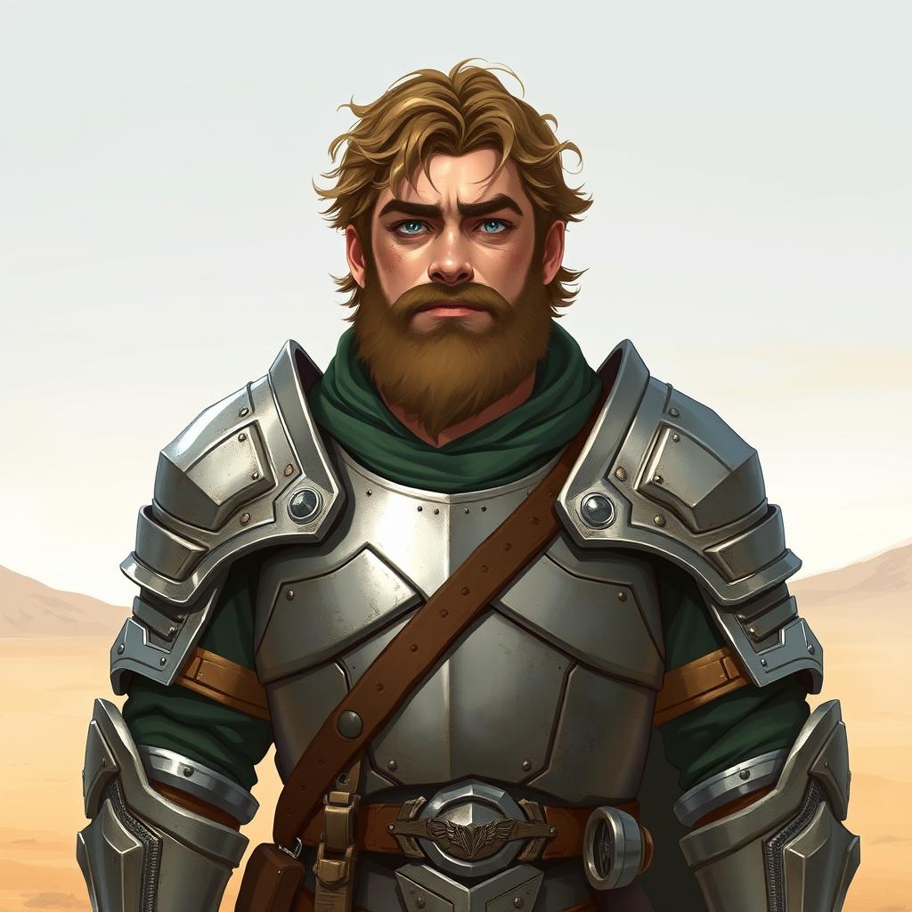 A Pathfinder style artwork featuring a tall, kind-looking human in his mid-20s with short, curly, slightly longer light brown hair and a frazzled beard