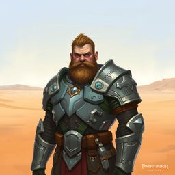 A Pathfinder style artwork featuring a tall, kind-looking human in his mid-20s with short, curly, slightly longer light brown hair and a frazzled beard