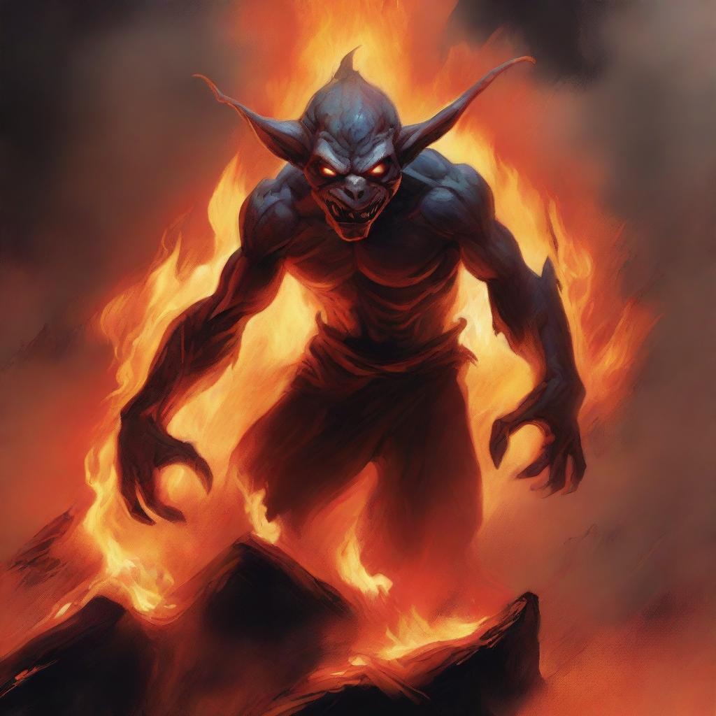 A captivating illustration of a fire goblin in a fiery landscape