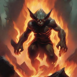 A captivating illustration of a fire goblin in a fiery landscape