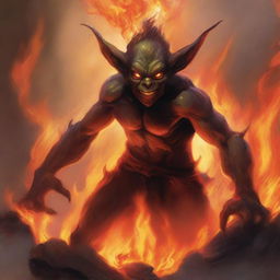 A captivating illustration of a fire goblin in a fiery landscape