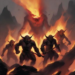 A captivating illustration of a group of fire goblins in a fiery landscape