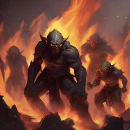 A captivating illustration of a group of fire goblins in a fiery landscape