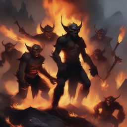 A captivating illustration of a group of fire goblins in a fiery landscape