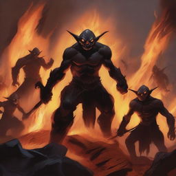 A captivating illustration of a group of fire goblins in a fiery landscape