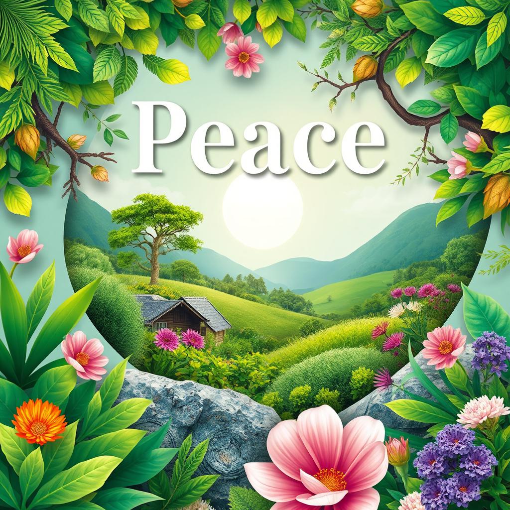 Create a vibrant and inviting cover that showcases an aesthetically pleasing balance of nature and peace