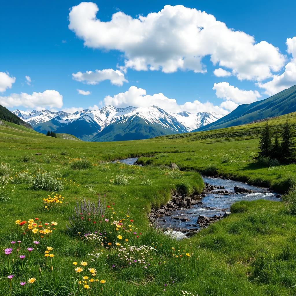 A serene landscape featuring a lush green meadow with colorful wildflowers, a gentle stream flowing through it, and a clear blue sky with fluffy white clouds