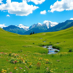 A serene landscape featuring a lush green meadow with colorful wildflowers, a gentle stream flowing through it, and a clear blue sky with fluffy white clouds