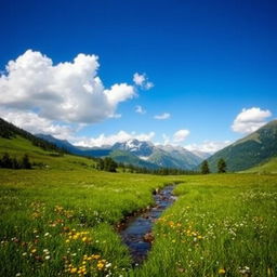 A serene landscape featuring a lush green meadow with colorful wildflowers, a gentle stream flowing through it, and a clear blue sky with fluffy white clouds