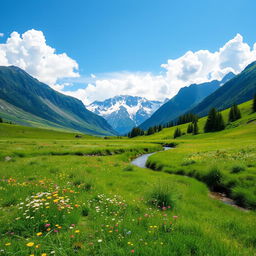 A serene landscape featuring a lush green meadow with colorful wildflowers, a gentle stream flowing through it, and a clear blue sky with fluffy white clouds