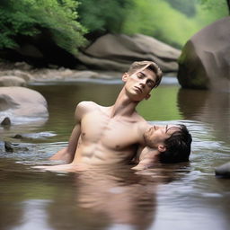 A smooth, hairless, skinny young man, around 18 years old, is laying on a rock by a mountain stream