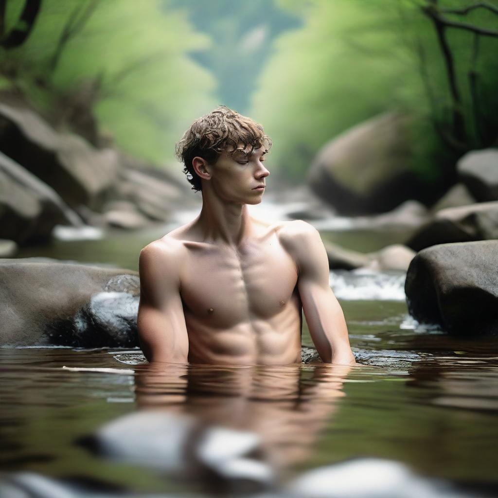 A smooth, hairless, skinny young man, around 18 years old, is laying on a rock by a mountain stream