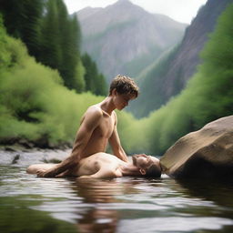 A smooth, hairless, skinny young man, around 18 years old, is laying on a rock by a mountain stream